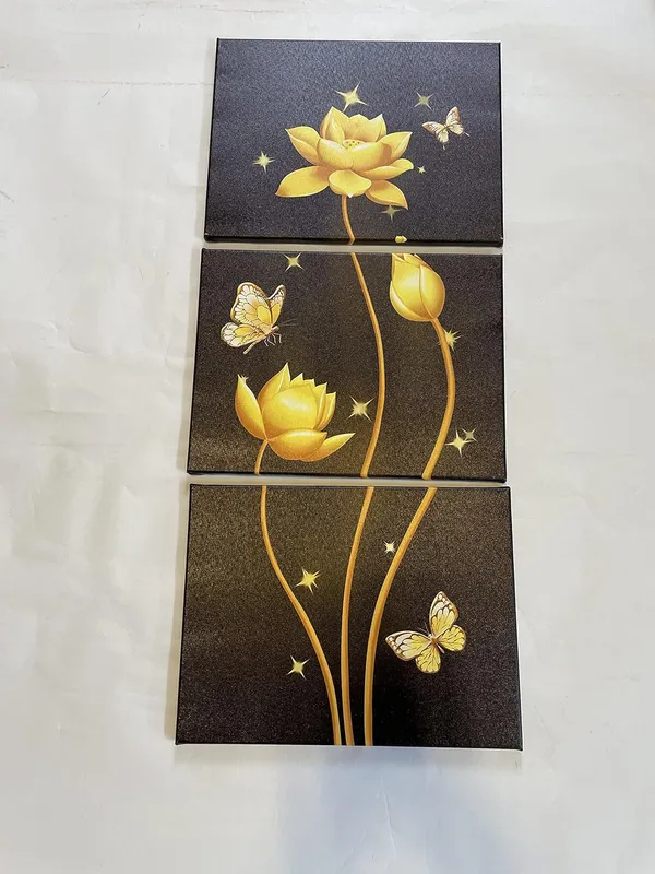 Multicolor_Black_and_Gold_Flower_Canvas_Artwork_Set_of_3_Lotus_Butterflies_Wall_Painting_Each_Panel_12"x16"