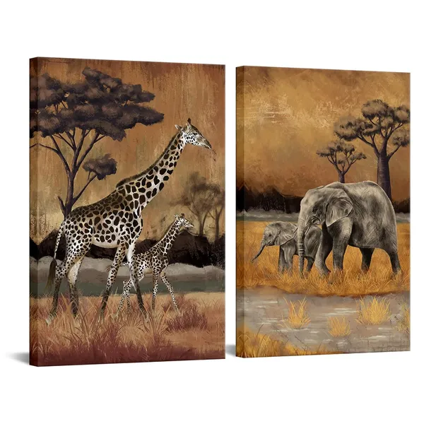 Multicolor_Africa_Animal_Pictures_Wall_art_2_Pieces_Mom_and_Baby_Giraffe_Elephant_Painting_Vintage_Safari_Wildlife_Artwork_|_For_Home_Bedroom_Living_Room_Decor