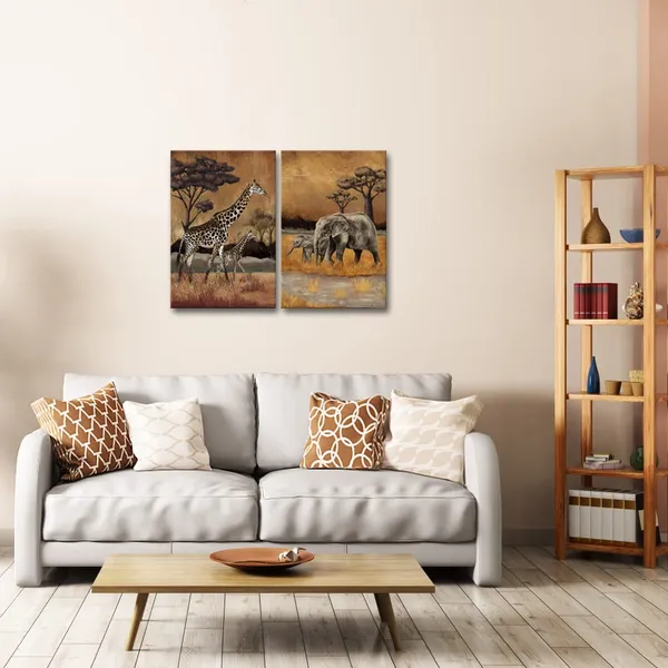 Multicolor_Africa_Animal_Pictures_Wall_art_2_Pieces_Mom_and_Baby_Giraffe_Elephant_Painting_Vintage_Safari_Wildlife_Artwork_|_For_Home_Bedroom_Living_Room_Decor