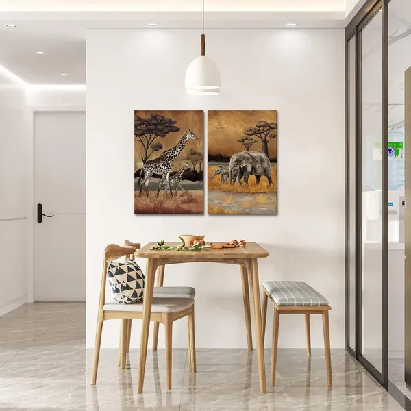 Multicolor_Africa_Animal_Pictures_Wall_art_2_Pieces_Mom_and_Baby_Giraffe_Elephant_Painting_Vintage_Safari_Wildlife_Artwork_|_For_Home_Bedroom_Living_Room_Decor