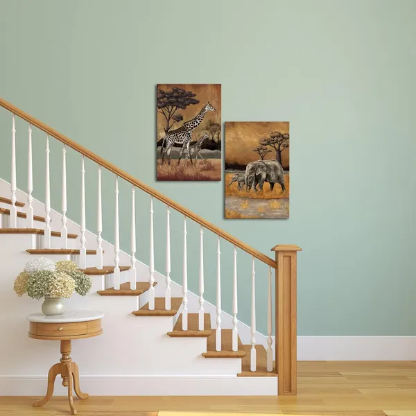 Multicolor_Africa_Animal_Pictures_Wall_art_2_Pieces_Mom_and_Baby_Giraffe_Elephant_Painting_Vintage_Safari_Wildlife_Artwork_|_For_Home_Bedroom_Living_Room_Decor