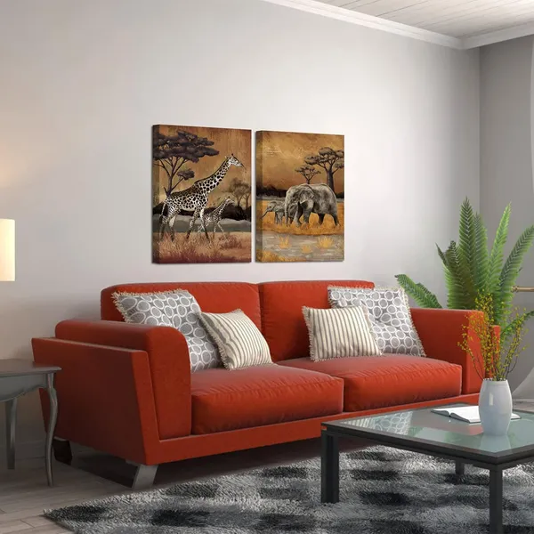Multicolor_Africa_Animal_Pictures_Wall_art_2_Pieces_Mom_and_Baby_Giraffe_Elephant_Painting_Vintage_Safari_Wildlife_Artwork_|_For_Home_Bedroom_Living_Room_Decor