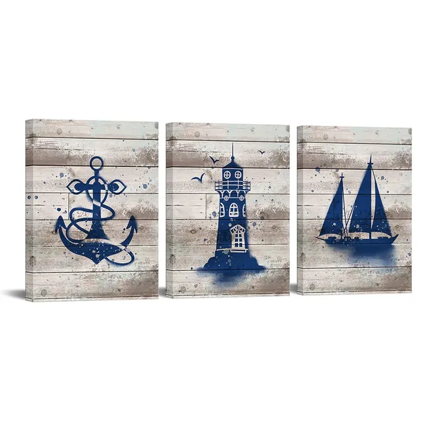 Multicolor_3_Piece_Nautical_Wall_Art_Sailboat_Lighthouse_Anchor_Painting_Picture_Navu_Blue_Ocean_Theme_Prints_|_For_Home_Bathroom_Wall_Decor_Framed_12x16_inch_Each