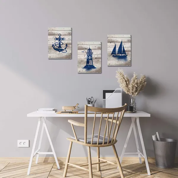 Multicolor_3_Piece_Nautical_Wall_Art_Sailboat_Lighthouse_Anchor_Painting_Picture_Navu_Blue_Ocean_Theme_Prints_|_For_Home_Bathroom_Wall_Decor_Framed_12x16_inch_Each