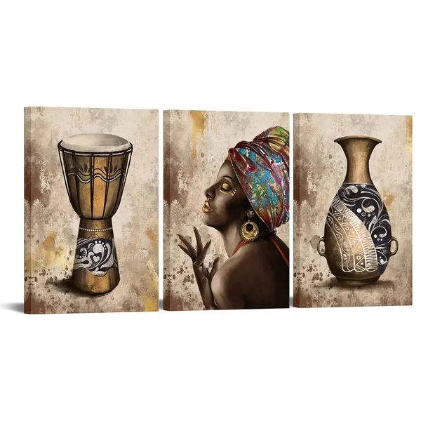 Multicolor_African_Woman_Wall_Art_Traditional_Africa_Tribe_Canvas_Painting_Set_3_Pieces_Vintage_African_American_Wall_Decor_|_For_Home_Living_Room_Bedroom_16"x24"x3pcs