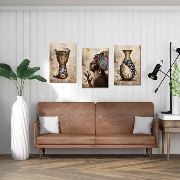 Multicolor_African_Woman_Wall_Art_Traditional_Africa_Tribe_Canvas_Painting_Set_3_Pieces_Vintage_African_American_Wall_Decor_|_For_Home_Living_Room_Bedroom_16"x24"x3pcs
