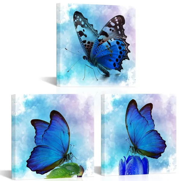 Multicolor_Blue_Butterfly_Canvas_Wall_Art_Blue_Butterflies_Picture_Prints_Framed_Bathroom_Bedroom_Painting_Wall_Decor_12"x12"x3pcs