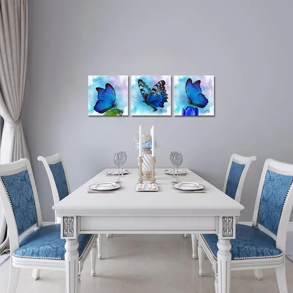 Multicolor_Blue_Butterfly_Canvas_Wall_Art_Blue_Butterflies_Picture_Prints_Framed_Bathroom_Bedroom_Painting_Wall_Decor_12"x12"x3pcs