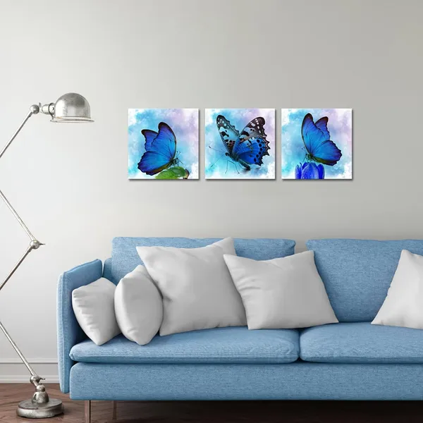 Multicolor_Blue_Butterfly_Canvas_Wall_Art_Blue_Butterflies_Picture_Prints_Framed_Bathroom_Bedroom_Painting_Wall_Decor_12"x12"x3pcs