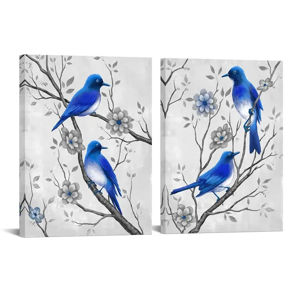 Multicolor_Bird_Wall_Art_Sets_2_Pieces_Birds_on_Flower_Tree_Canvas_Print_|_For_Living_Room_Bedroom_Kitchen_Wall_Decor_Stretched_and_Framed_Garden_Artwork_Ready_to_Hang_Each_12"x16"