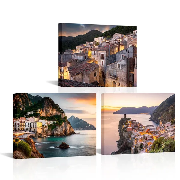 Multicolor_Mediterranean_Villa_Canvas_Wall_Art_Italy_Seaside_Picture_Prints_Wall_Decor_Gallery_Wrapped_12x16_inch_x3pcs