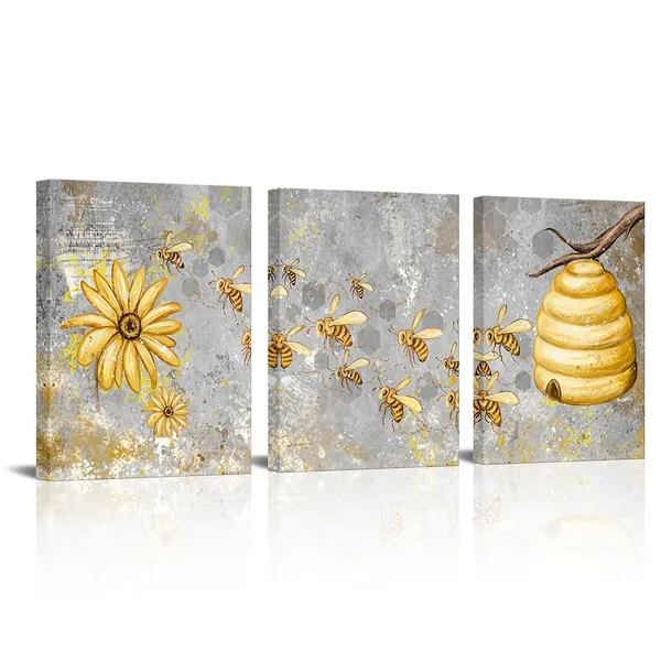 Multicolor_Yellow_and_Grey_Canvas_Wall_Art_Honey_Bee_with_Daisy_Painting_Prints_Insect_Pictures_|_For_Farmhouse_Kitchen_Decor_Framed_Ready_to_Hang_12"x16"_Each_(Small)_(Small,_Grey)