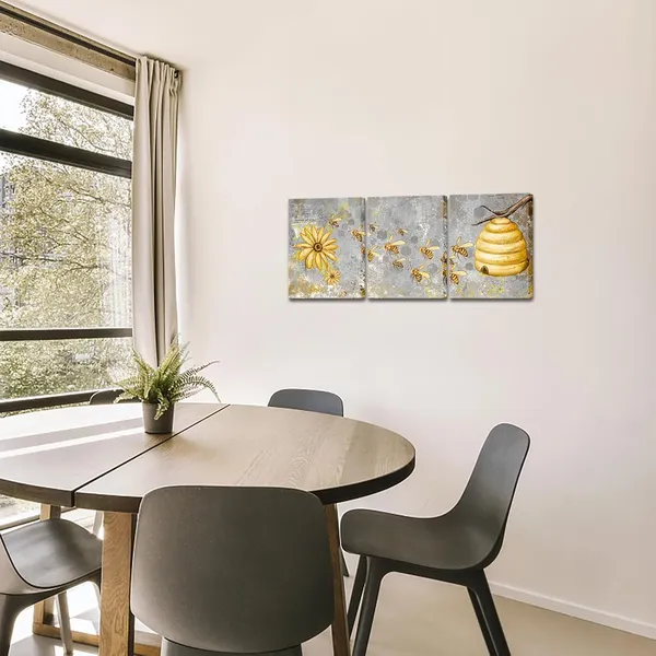 Multicolor_Yellow_and_Grey_Canvas_Wall_Art_Honey_Bee_with_Daisy_Painting_Prints_Insect_Pictures_|_For_Farmhouse_Kitchen_Decor_Framed_Ready_to_Hang_12"x16"_Each_(Small)_(Small,_Grey)