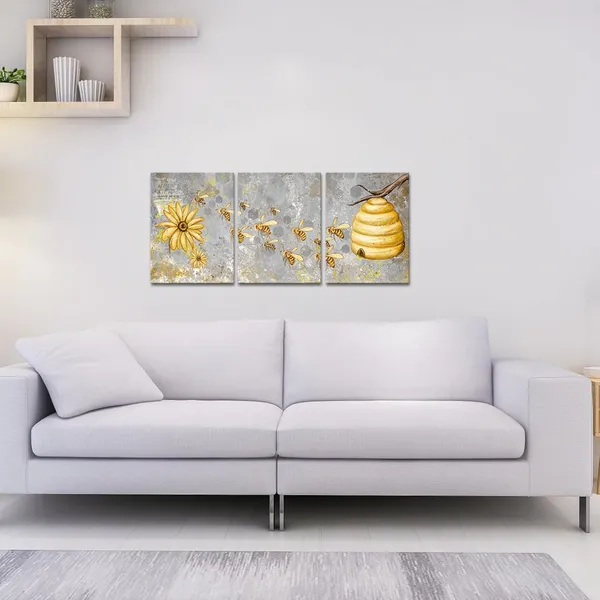 Multicolor_Yellow_and_Grey_Canvas_Wall_Art_Honey_Bee_with_Daisy_Painting_Prints_Insect_Pictures_|_For_Farmhouse_Kitchen_Decor_Framed_Ready_to_Hang_12"x16"_Each_(Small)_(Small,_Grey)