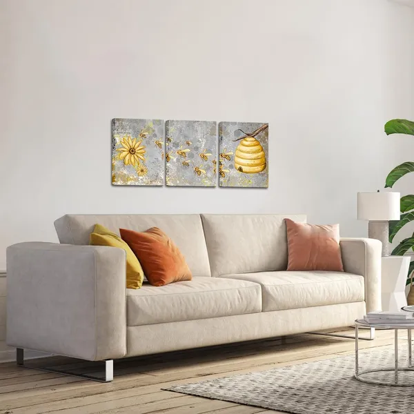 Multicolor_Yellow_and_Grey_Canvas_Wall_Art_Honey_Bee_with_Daisy_Painting_Prints_Insect_Pictures_|_For_Farmhouse_Kitchen_Decor_Framed_Ready_to_Hang_12"x16"_Each_(Small)_(Small,_Grey)