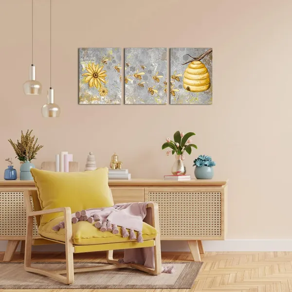 Multicolor_Yellow_and_Grey_Canvas_Wall_Art_Honey_Bee_with_Daisy_Painting_Prints_Insect_Pictures_|_For_Farmhouse_Kitchen_Decor_Framed_Ready_to_Hang_12"x16"_Each_(Small)_(Small,_Grey)