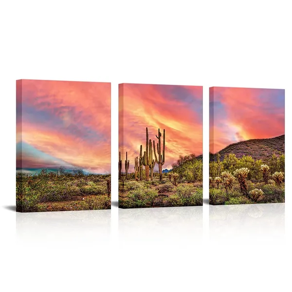 Multicolor_3_Piece_Cactus_Desert_Canvas_Art_the_Sonoran_Desert_Sunset_Landscape_Picture_Prints_Arizona_Western_View_Painting_|_For_Bedroom_Bathroom_Wall_Decor_Framed_12"x16"_(Small)