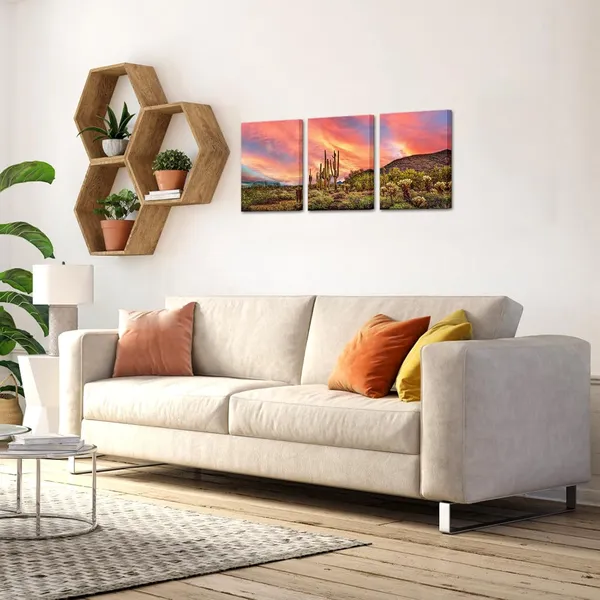 Multicolor_3_Piece_Cactus_Desert_Canvas_Art_the_Sonoran_Desert_Sunset_Landscape_Picture_Prints_Arizona_Western_View_Painting_|_For_Bedroom_Bathroom_Wall_Decor_Framed_12"x16"_(Small)
