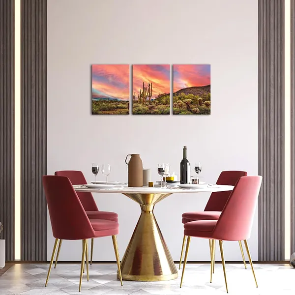 Multicolor_3_Piece_Cactus_Desert_Canvas_Art_the_Sonoran_Desert_Sunset_Landscape_Picture_Prints_Arizona_Western_View_Painting_|_For_Bedroom_Bathroom_Wall_Decor_Framed_12"x16"_(Small)