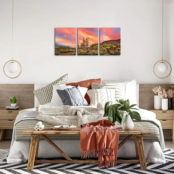 Multicolor_3_Piece_Cactus_Desert_Canvas_Art_the_Sonoran_Desert_Sunset_Landscape_Picture_Prints_Arizona_Western_View_Painting_|_For_Bedroom_Bathroom_Wall_Decor_Framed_12"x16"_(Small)
