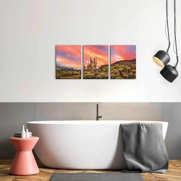 Multicolor_3_Piece_Cactus_Desert_Canvas_Art_the_Sonoran_Desert_Sunset_Landscape_Picture_Prints_Arizona_Western_View_Painting_|_For_Bedroom_Bathroom_Wall_Decor_Framed_12"x16"_(Small)