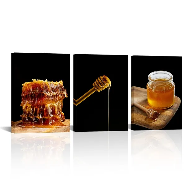 Multicolor_Honeycomb_Canvas_Art_Black_and_Gold_Picture_Painting_|_For_Dining_Room_Kitchen_Farmhouse_Wall_Decor_Seasoning_Artwork_Gift_|_For_Chef_Framed_12"x16"_Each_(Small)