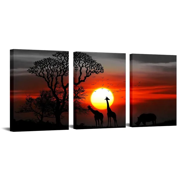 Multicolor_Giraffe_Pictures_African_Animal_Art_Painting_Safari_Canvas_Prints_Red_Bathroom_Home_Office_Wall_Decor_Framed_12"x16"x3pcs