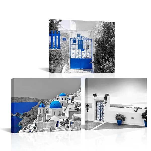 Multicolor_Greece_Pictures_Santorini_Canvas_Wall_Art_Greek_Paintings_Blue_and_Grey_Wall_Decor_|_For_Bathroom_Bedroom_Framed_12x16_inch_x3pcs