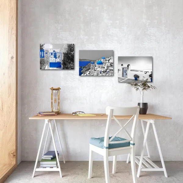 Multicolor_Greece_Pictures_Santorini_Canvas_Wall_Art_Greek_Paintings_Blue_and_Grey_Wall_Decor_|_For_Bathroom_Bedroom_Framed_12x16_inch_x3pcs