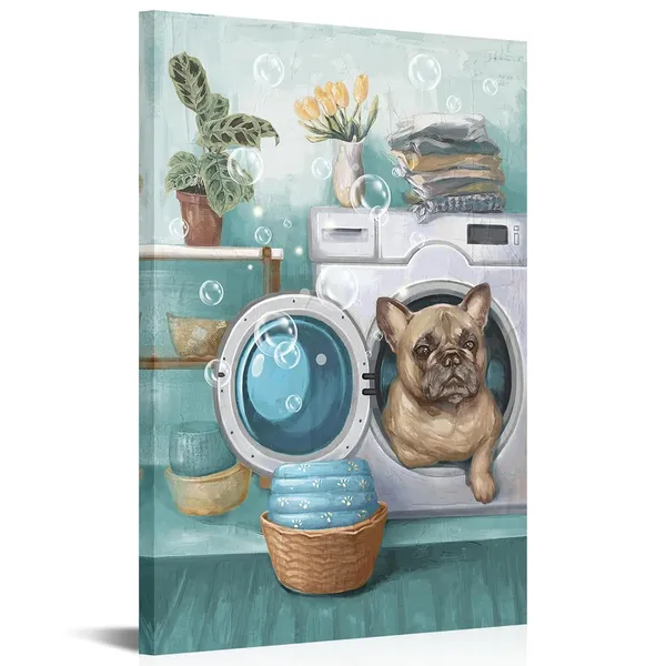 Multicolor_Laundry_Room_Pictures_Wall_Art_Funny_Laundry_Canvas_Wall_Decor_Cute_Puppy_Home_Hotel_Laundry_Painting_Gallery_Wrapped_(Medium,_Teal)