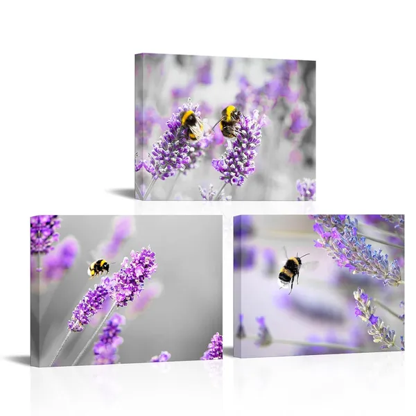 Multicolor_Bee_Wall_Art_Purple_Flower_and_Bee_Canvas_Picture_Painting_Gardern_Prints_Wall_Decor_Framed_12"_x16"