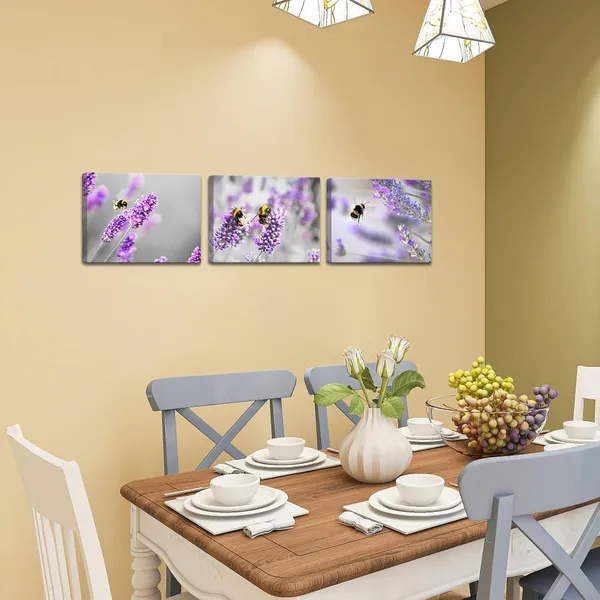 Multicolor_Bee_Wall_Art_Purple_Flower_and_Bee_Canvas_Picture_Painting_Gardern_Prints_Wall_Decor_Framed_12"_x16"