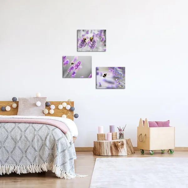 Multicolor_Bee_Wall_Art_Purple_Flower_and_Bee_Canvas_Picture_Painting_Gardern_Prints_Wall_Decor_Framed_12"_x16"