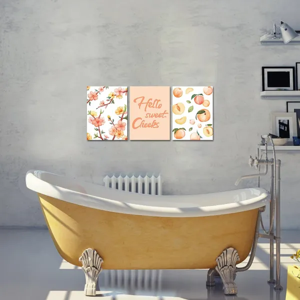 Multicolor_Peach_Fruit_Wall_Art_Painting_Hello_Sweet_Cheeks_Sign_Prints_Peach_Blossom_Flower_Picture_|_For_Dining_Room_Kitchen_Girls_Bedroom_Framed_12x16_Inch_x3pcs