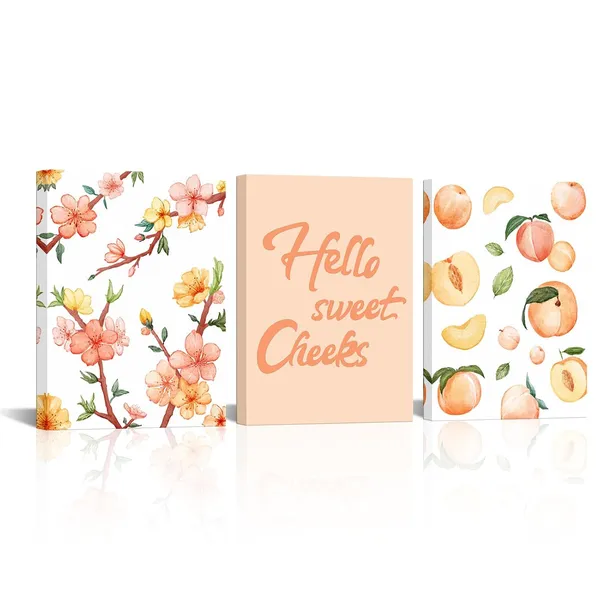 Multicolor_Peach_Fruit_Wall_Art_Painting_Hello_Sweet_Cheeks_Sign_Prints_Peach_Blossom_Flower_Picture_|_For_Dining_Room_Kitchen_Girls_Bedroom_Framed_12x16_Inch_x3pcs