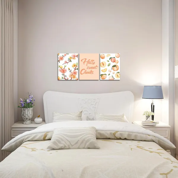 Multicolor_Peach_Fruit_Wall_Art_Painting_Hello_Sweet_Cheeks_Sign_Prints_Peach_Blossom_Flower_Picture_|_For_Dining_Room_Kitchen_Girls_Bedroom_Framed_12x16_Inch_x3pcs
