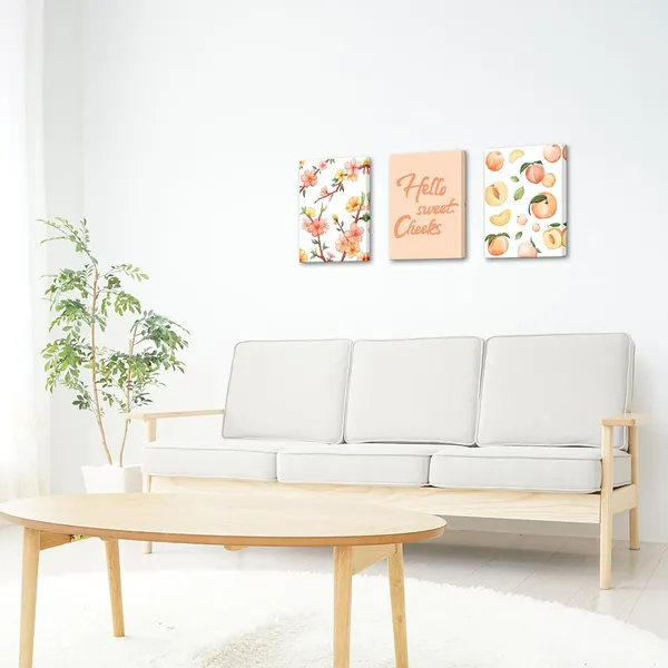 Multicolor_Peach_Fruit_Wall_Art_Painting_Hello_Sweet_Cheeks_Sign_Prints_Peach_Blossom_Flower_Picture_|_For_Dining_Room_Kitchen_Girls_Bedroom_Framed_12x16_Inch_x3pcs