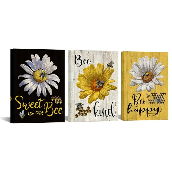 Multicolor_Flower_and_Bee_Canvas_Wall_Art_Bee_Happy_Kitchen_Picture_Prints_Black_Yellow_Wall_Decor_|_For_Farmhouse_Framed_12"x16"x3pcs