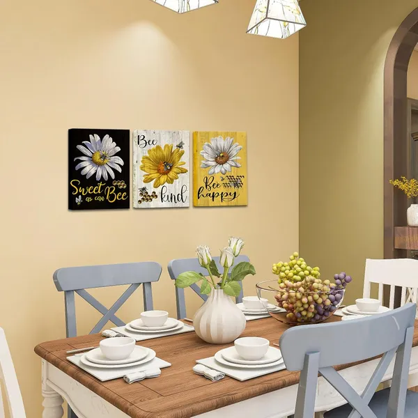 Multicolor_Flower_and_Bee_Canvas_Wall_Art_Bee_Happy_Kitchen_Picture_Prints_Black_Yellow_Wall_Decor_|_For_Farmhouse_Framed_12"x16"x3pcs
