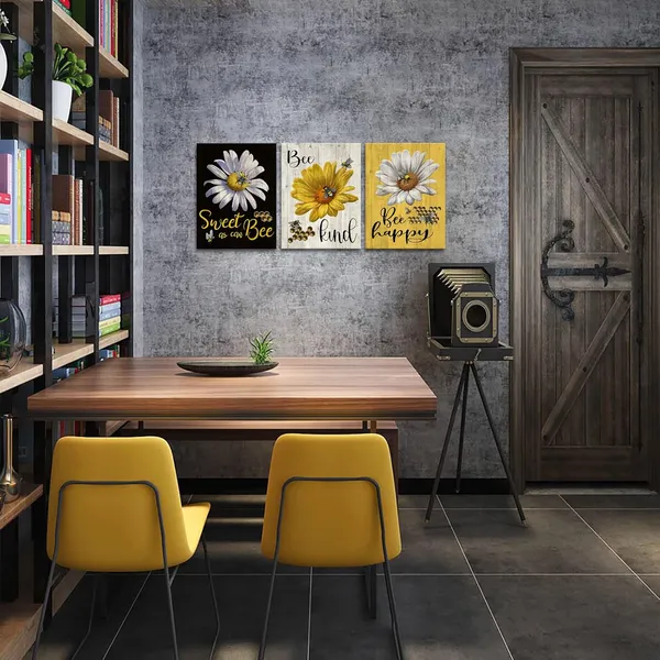Multicolor_Flower_and_Bee_Canvas_Wall_Art_Bee_Happy_Kitchen_Picture_Prints_Black_Yellow_Wall_Decor_|_For_Farmhouse_Framed_12"x16"x3pcs