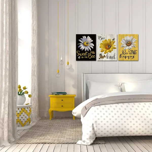 Multicolor_Flower_and_Bee_Canvas_Wall_Art_Bee_Happy_Kitchen_Picture_Prints_Black_Yellow_Wall_Decor_|_For_Farmhouse_Framed_12"x16"x3pcs