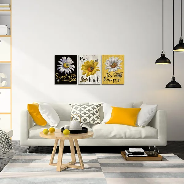 Multicolor_Flower_and_Bee_Canvas_Wall_Art_Bee_Happy_Kitchen_Picture_Prints_Black_Yellow_Wall_Decor_|_For_Farmhouse_Framed_12"x16"x3pcs