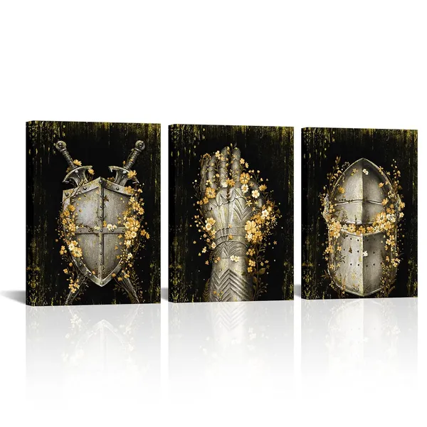 Multicolor_Knight_Wall_Art_Medieval_Knight_Armor_Shield_Picture_Painting_Canvas_Black_and_Gold_Prints_|_For_Wall_Framed