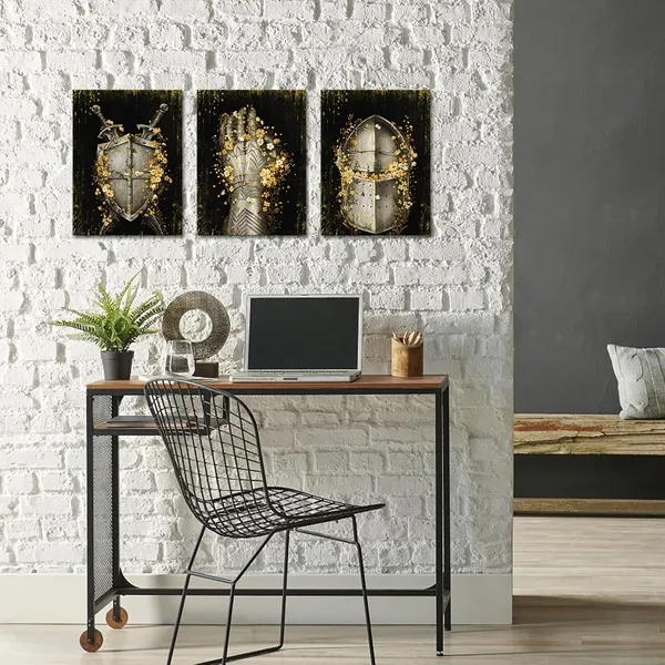 Multicolor_Knight_Wall_Art_Medieval_Knight_Armor_Shield_Picture_Painting_Canvas_Black_and_Gold_Prints_|_For_Wall_Framed