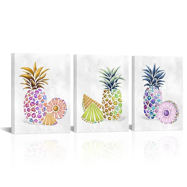 Multicolor_Pineapple_Pictures_Wall_Art_Canvas_Colorful_Hawaii_Pineapple_Painting_Abstract_Still_Life_Tropical_Fruit_Prints_|_For_Kitchen_Bathroom_Decor_Framed_12"x16"