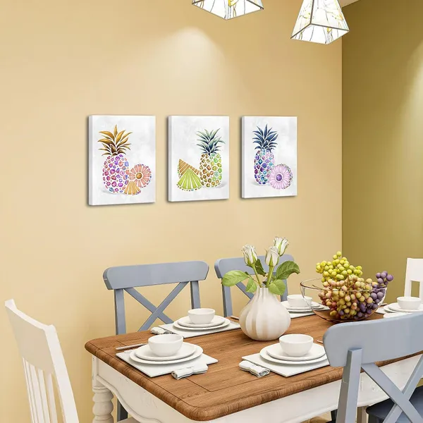 Multicolor_Pineapple_Pictures_Wall_Art_Canvas_Colorful_Hawaii_Pineapple_Painting_Abstract_Still_Life_Tropical_Fruit_Prints_|_For_Kitchen_Bathroom_Decor_Framed_12"x16"