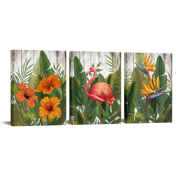 Multicolor_3_Pieces_Tropical_Wall_Art_Rustic_Hawaii_Theme_Painting_Hibiscus_Flamingo_Tropical_Flower_Wall_Decor_12"x16"_|_For_Each