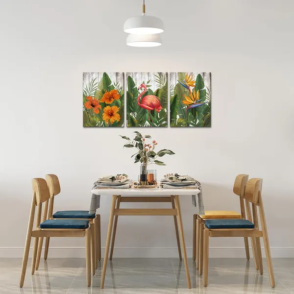 Multicolor_3_Pieces_Tropical_Wall_Art_Rustic_Hawaii_Theme_Painting_Hibiscus_Flamingo_Tropical_Flower_Wall_Decor_12"x16"_|_For_Each