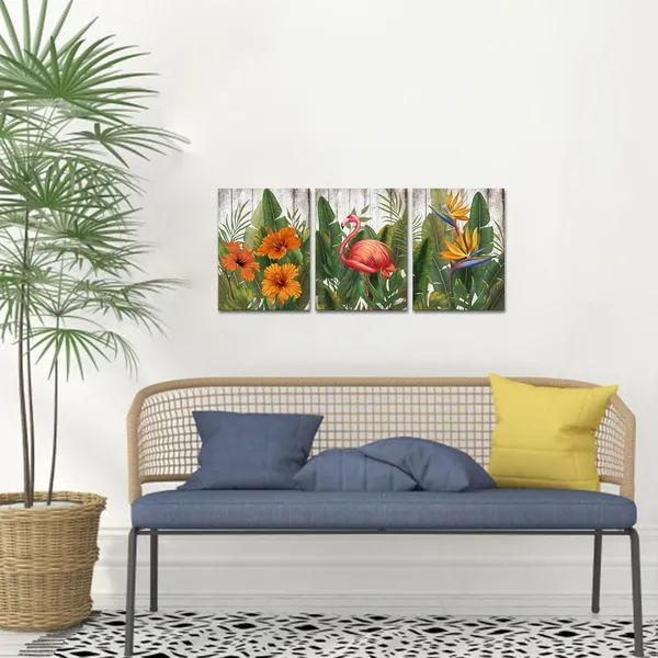 Multicolor_3_Pieces_Tropical_Wall_Art_Rustic_Hawaii_Theme_Painting_Hibiscus_Flamingo_Tropical_Flower_Wall_Decor_12"x16"_|_For_Each