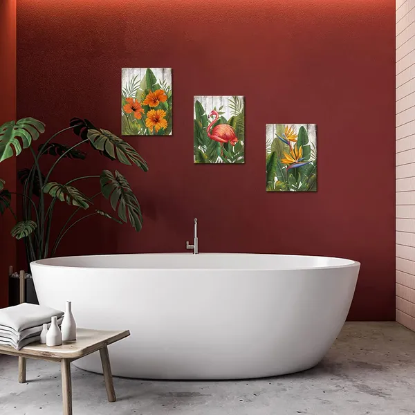 Multicolor_3_Pieces_Tropical_Wall_Art_Rustic_Hawaii_Theme_Painting_Hibiscus_Flamingo_Tropical_Flower_Wall_Decor_12"x16"_|_For_Each